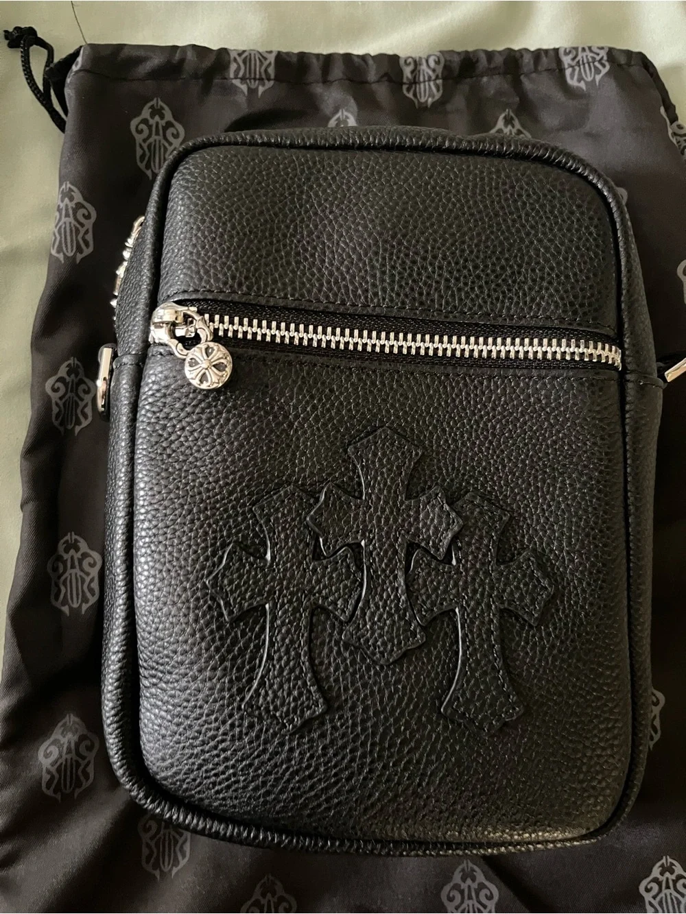 Black Leather Cross Appliqué Men's Crossbody Bag